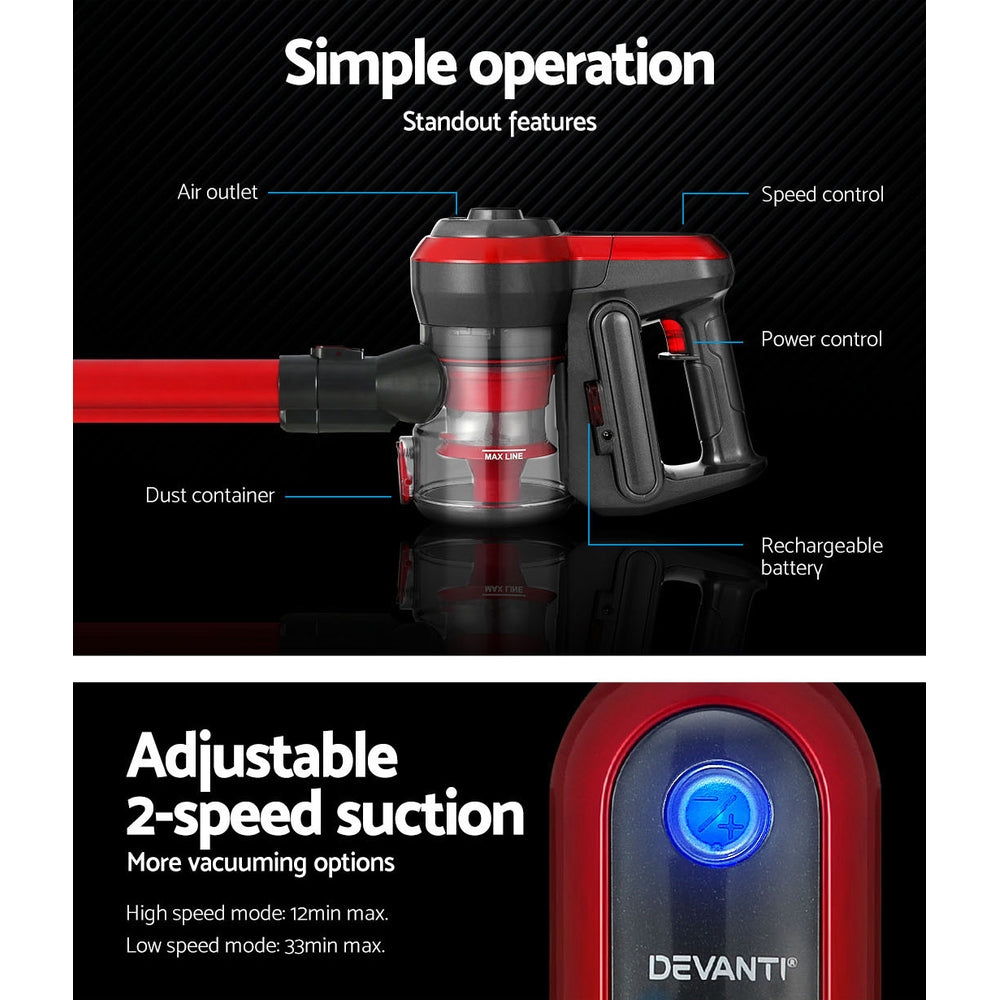 Devanti Stick Vacuum Cleaner Brushless Cordless 250W Red - ShopFrenzy