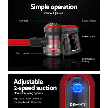 Devanti Stick Vacuum Cleaner Brushless Cordless 250W Red - ShopFrenzy