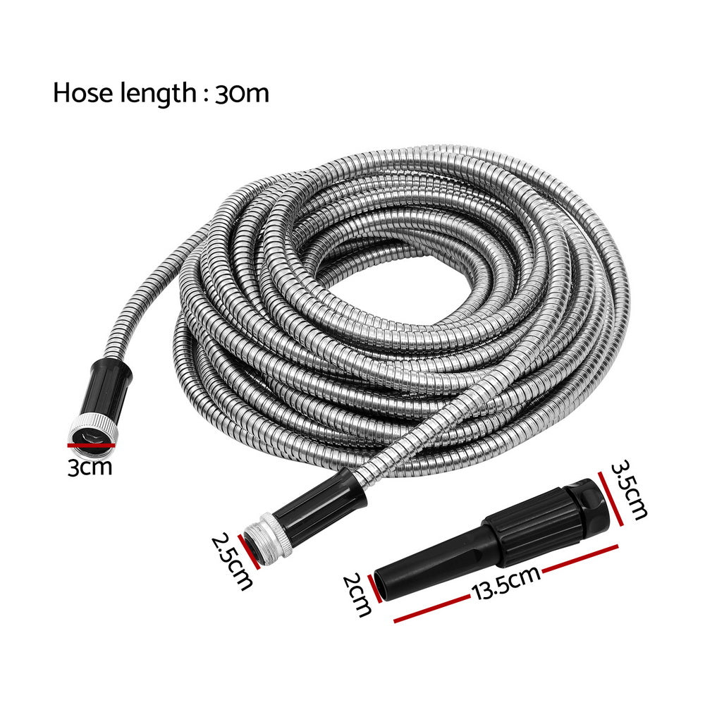 Giantz Water Hose Stainless Steel 30M with Spray Nozzle - ShopFrenzy