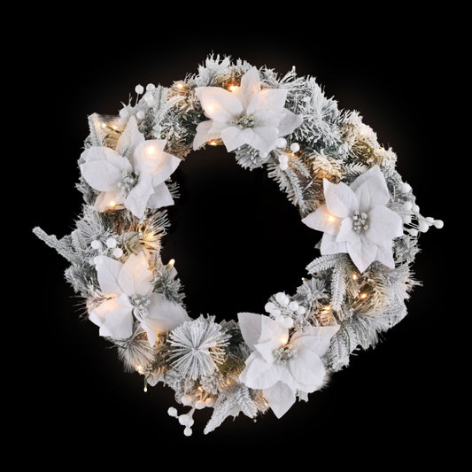 Jingle Jollys 60cm Christmas Wreath LED Lights Snowy Flowers Garland Party Decor - ShopFrenzy