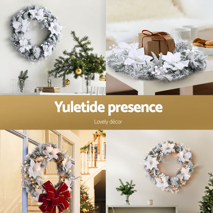 Jingle Jollys 60cm Christmas Wreath LED Lights Snowy Flowers Garland Party Decor - ShopFrenzy