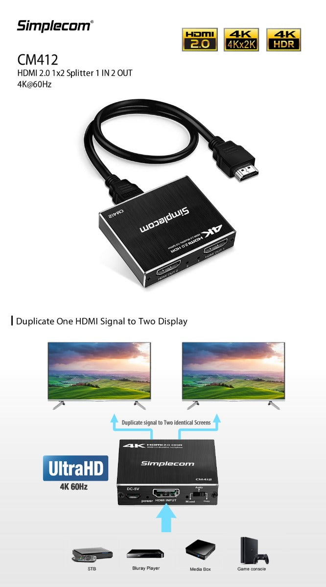 Simplecom CM412 HDMI 2.0 1x2 Splitter 1 IN 2 Out 4K@60Hz HDR10 2 Port HDMI Duplicator - ShopFrenzy