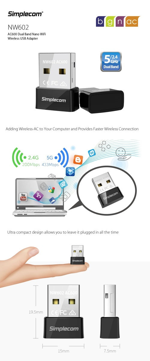 Simplecom NW602 AC600 Dual Band Nano USB WiFi Wireless Adapter - ShopFrenzy