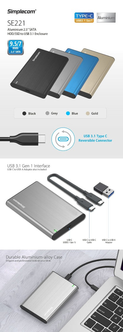 Simplecom SE221 Aluminium 2.5'' SATA HDD/SSD to USB 3.1 Enclosure Gold - ShopFrenzy