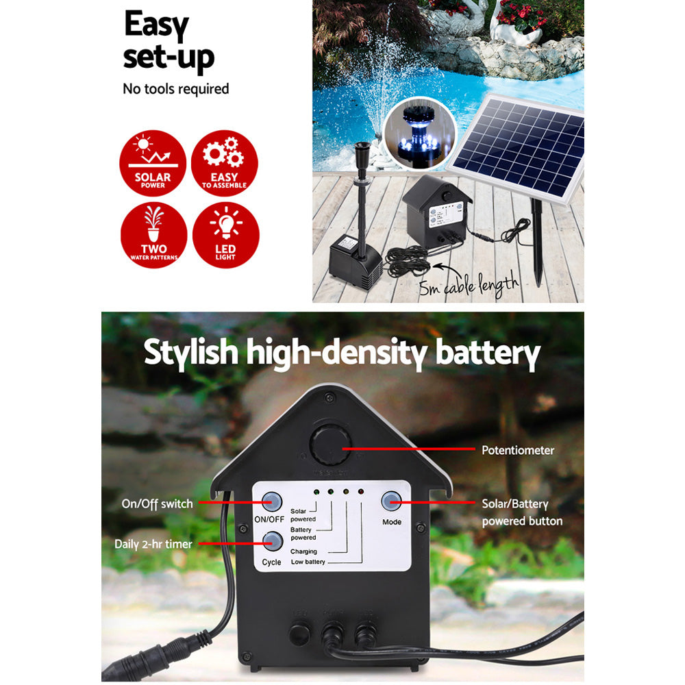 Gardeon Solar Pond Pump Submersible Water Fountain with Battery Kit LED Lights 6.6FT - ShopFrenzy