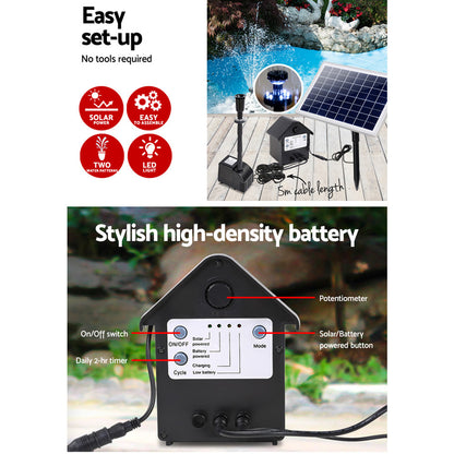 Gardeon Solar Pond Pump Submersible Water Fountain with Battery Kit LED Lights 6.6FT - ShopFrenzy