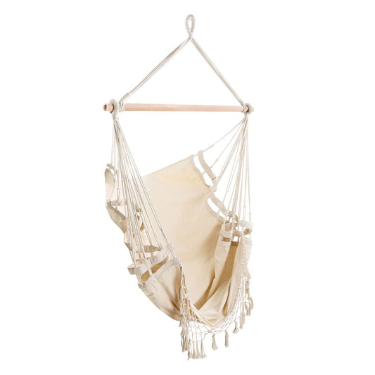 Gardeon Hanging Hammock Chair Outdoor Swing Hammocks Tassel Cream - ShopFrenzy
