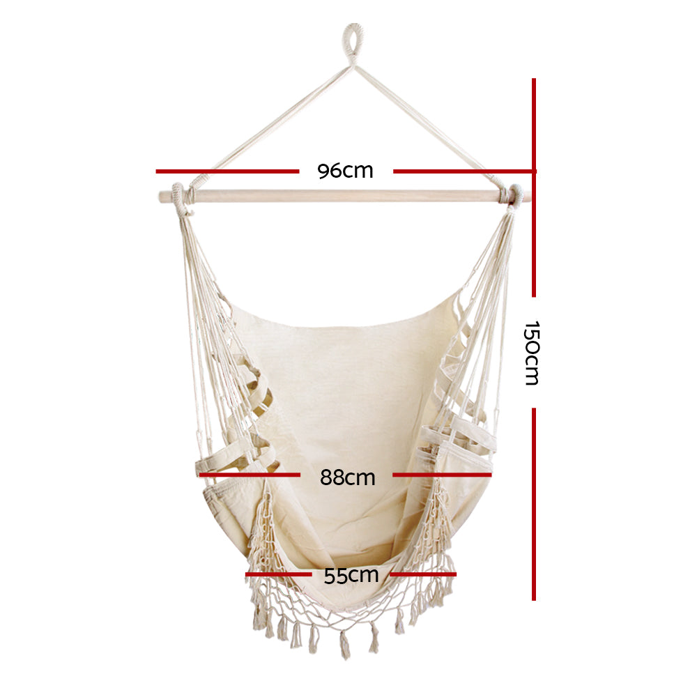 Gardeon Hanging Hammock Chair Outdoor Swing Hammocks Tassel Cream - ShopFrenzy