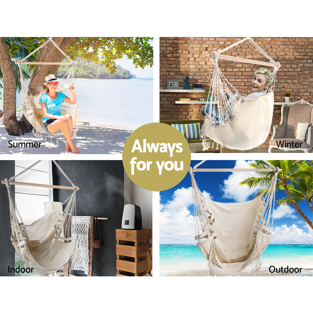Gardeon Hanging Hammock Chair Outdoor Swing Hammocks Tassel Cream - ShopFrenzy