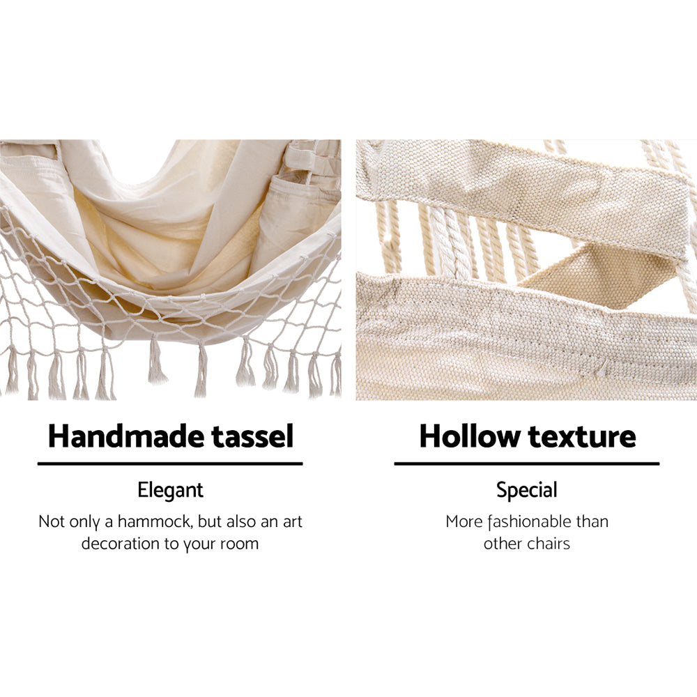 Gardeon Hanging Hammock Chair Outdoor Swing Hammocks Tassel Cream - ShopFrenzy
