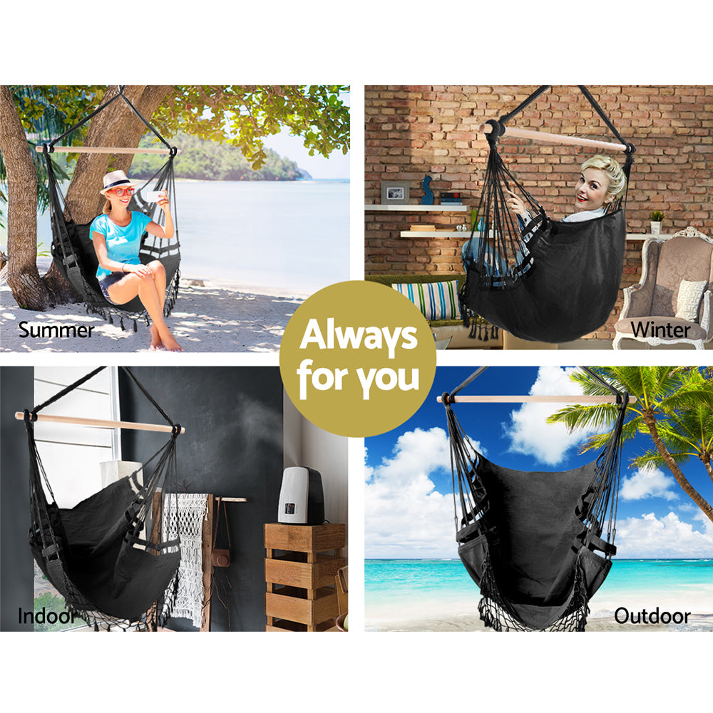 Gardeon Hanging Hammock Chair Outdoor Swing Hammocks Tassel Grey - ShopFrenzy