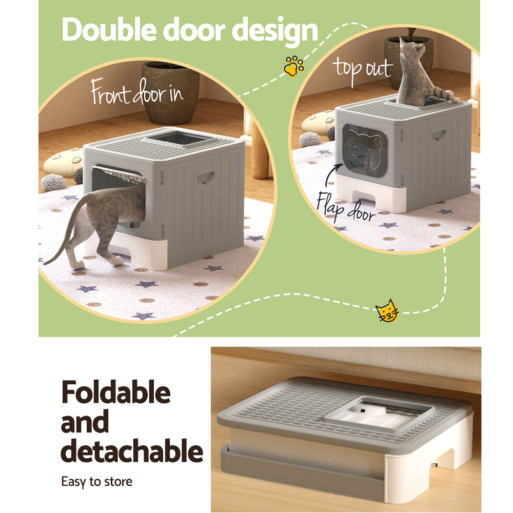i.Pet Cat Litter Box Large Tray Kitty Toilet Enclosed Hooded Foldable Cat Litter Box Scoop Grey - ShopFrenzy