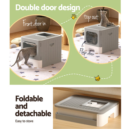 i.Pet Cat Litter Box Large Tray Kitty Toilet Enclosed Hooded Foldable Cat Litter Box Scoop Grey - ShopFrenzy