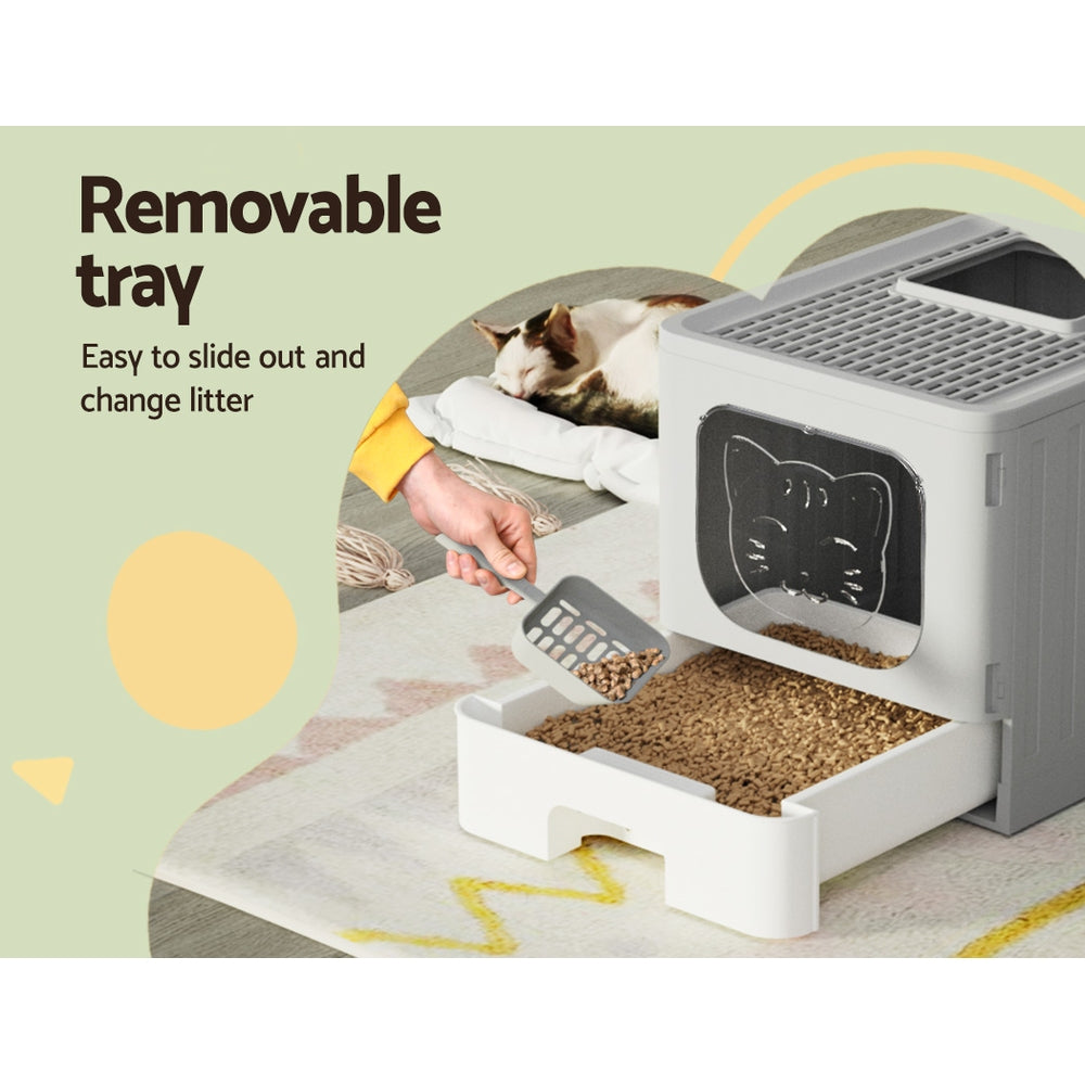 i.Pet Cat Litter Box Large Tray Kitty Toilet Enclosed Hooded Foldable Cat Litter Box Scoop Grey - ShopFrenzy