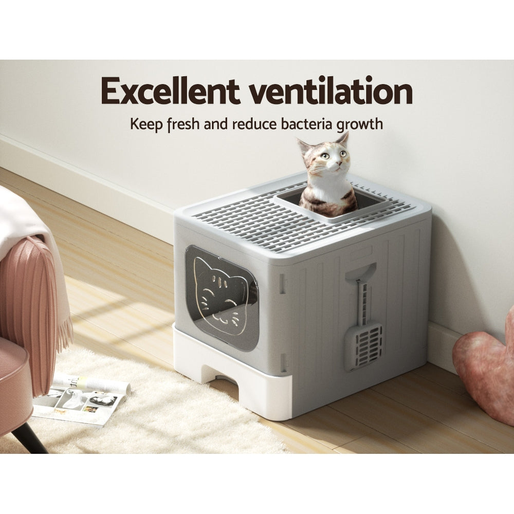 i.Pet Cat Litter Box Large Tray Kitty Toilet Enclosed Hooded Foldable Cat Litter Box Scoop Grey - ShopFrenzy