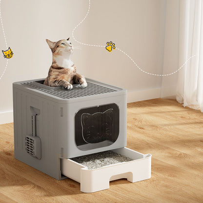 i.Pet Cat Litter Box Large Tray Kitty Toilet Enclosed Hooded Foldable Cat Litter Box Scoop Grey - ShopFrenzy