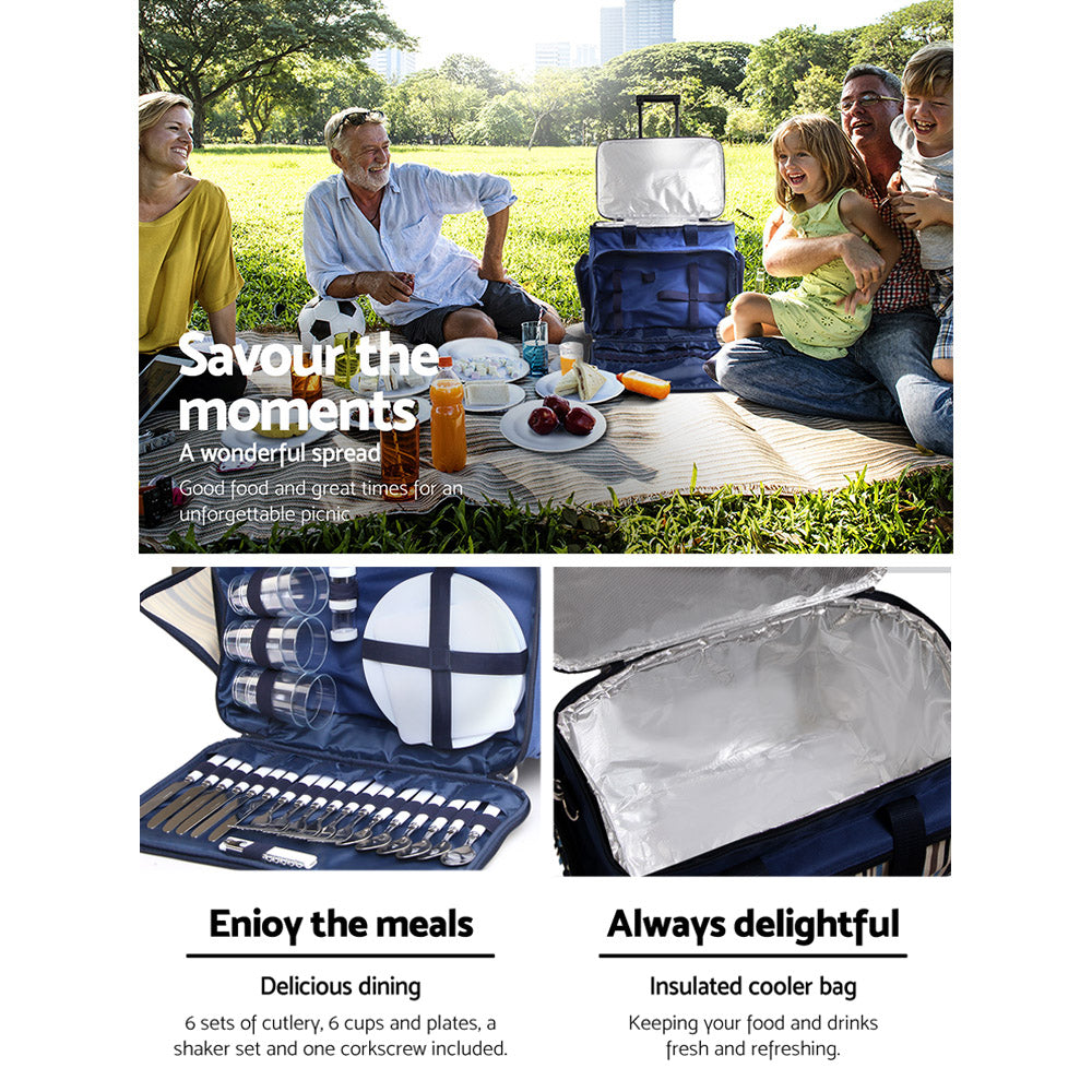 Alfresco 6 Person Picnic Basket Set Bag Wheels Insulated Trolley - ShopFrenzy