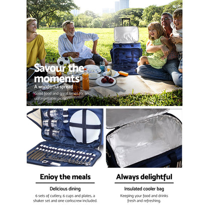 Alfresco 6 Person Picnic Basket Set Bag Wheels Insulated Trolley - ShopFrenzy