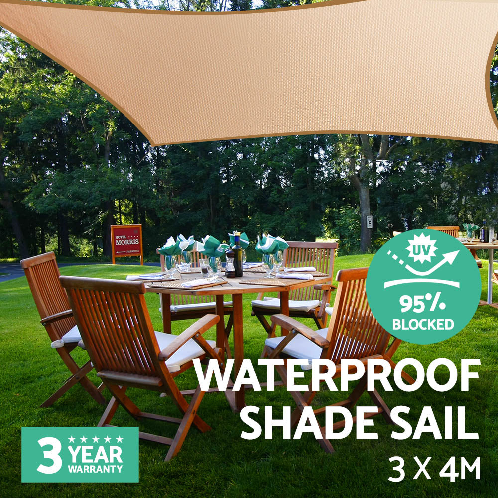 Instahut Waterproof Shade Sail 3x4m Rectangle Sand 95% Shade Cloth - ShopFrenzy