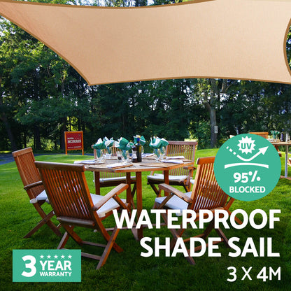 Instahut Waterproof Shade Sail 3x4m Rectangle Sand 95% Shade Cloth - ShopFrenzy