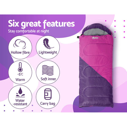 Weisshorn Sleeping Bag Kids Single 172cm Thermal Camping Hiking Pink - ShopFrenzy