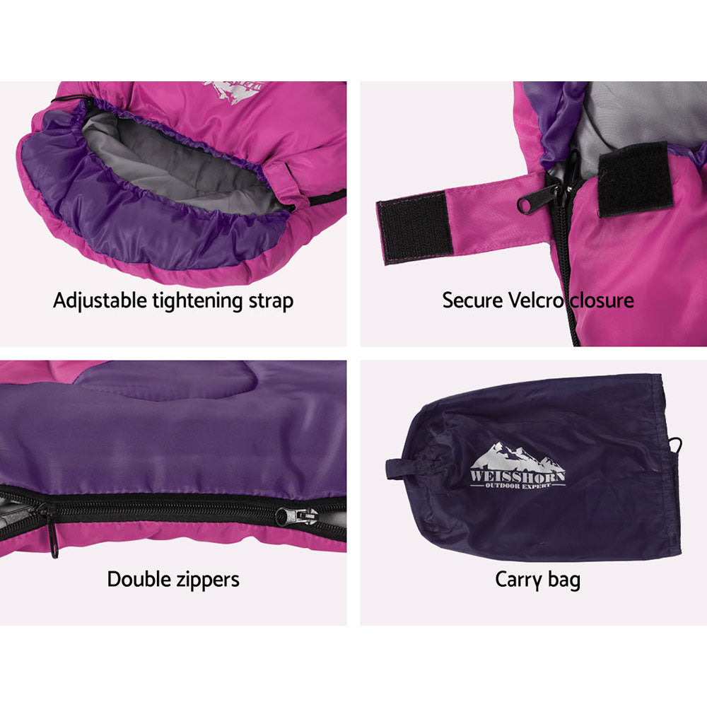 Weisshorn Sleeping Bag Kids Single 172cm Thermal Camping Hiking Pink - ShopFrenzy