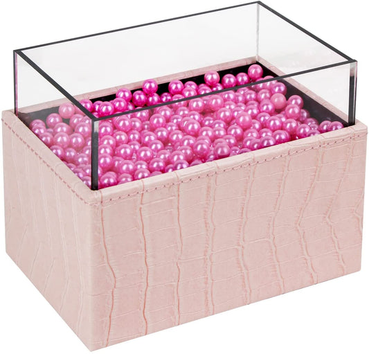 Leather Makeup Brush Cosmetic Organiser Storage Box with Pink Pearls and Acrylic Cover (Pink) - ShopFrenzy