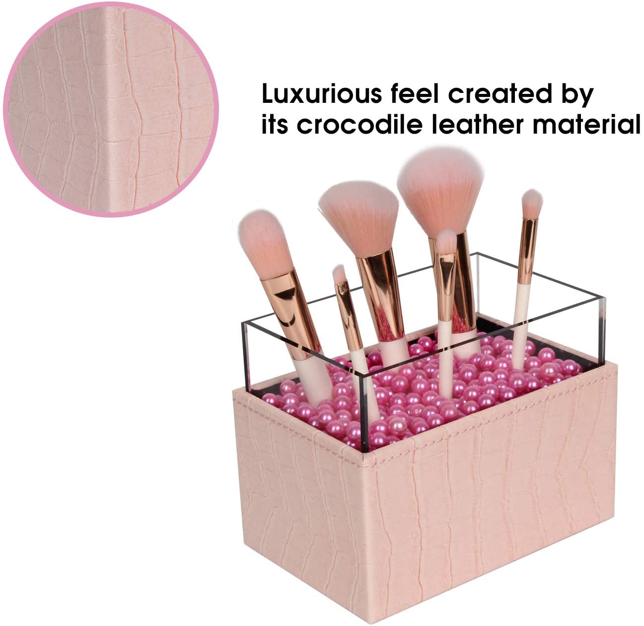 Leather Makeup Brush Cosmetic Organiser Storage Box with Pink Pearls and Acrylic Cover (Pink) - ShopFrenzy