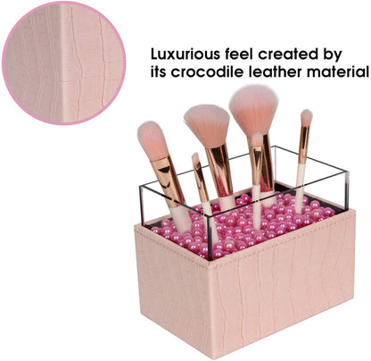 Leather Makeup Brush Cosmetic Organiser Storage Box with Pink Pearls and Acrylic Cover (Pink) - ShopFrenzy