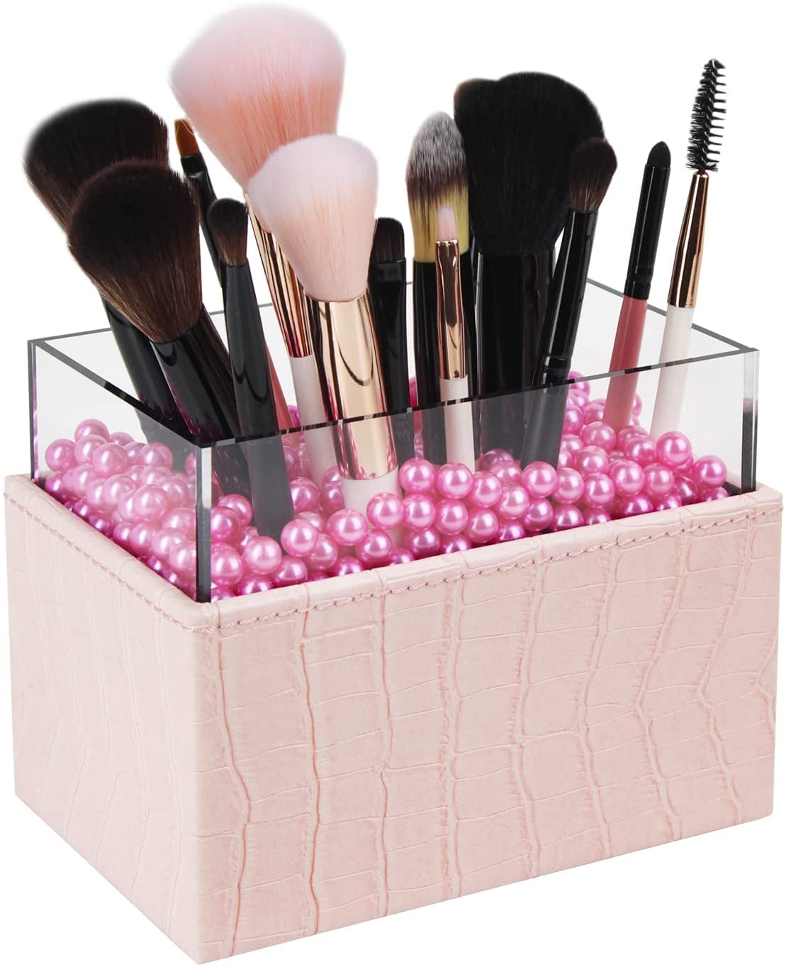Leather Makeup Brush Cosmetic Organiser Storage Box with Pink Pearls and Acrylic Cover (Pink) - ShopFrenzy