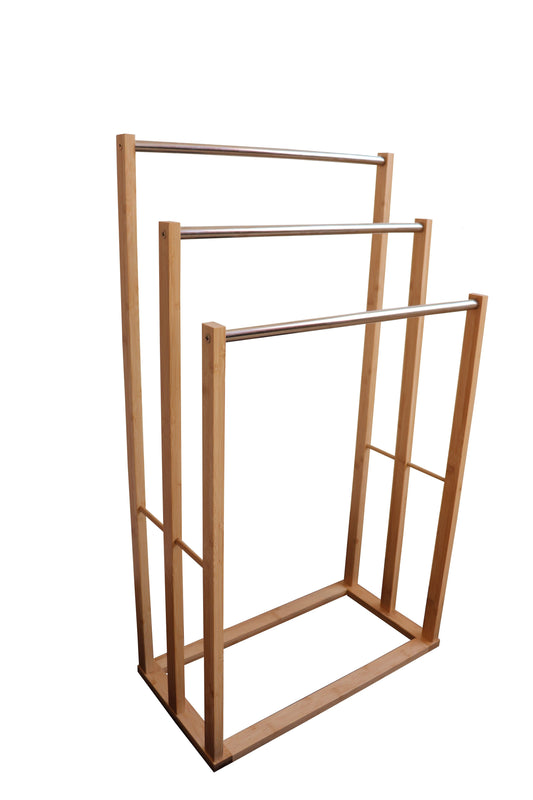 Bamboo Towel Bar Metal Holder Rack 3-Tier Freestanding for Bathroom and Bedroom - ShopFrenzy