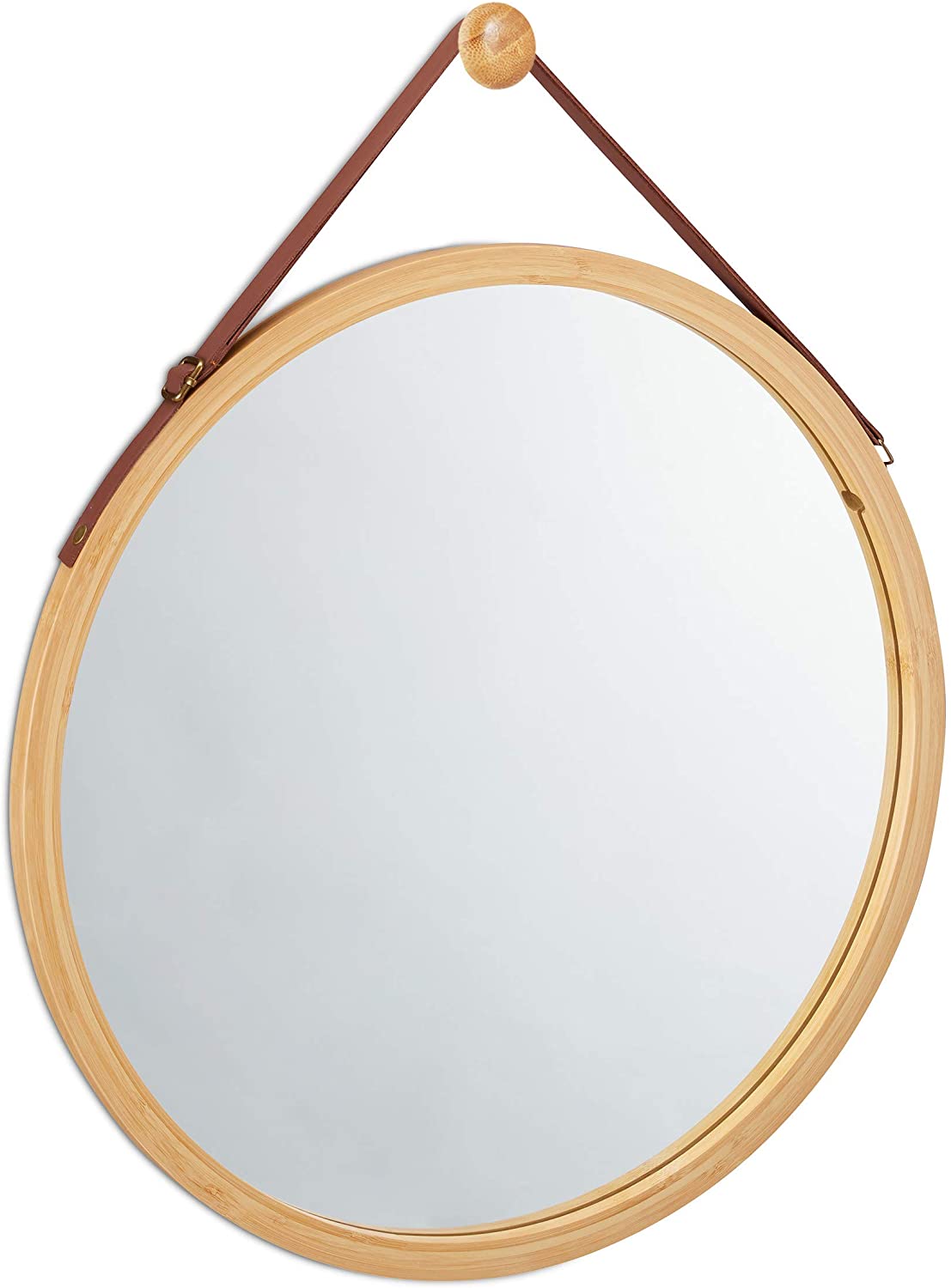 Hanging Round Wall Mirror 38 cm - Solid Bamboo Frame and Adjustable Leather Strap for Bathroom and Bedroom - ShopFrenzy