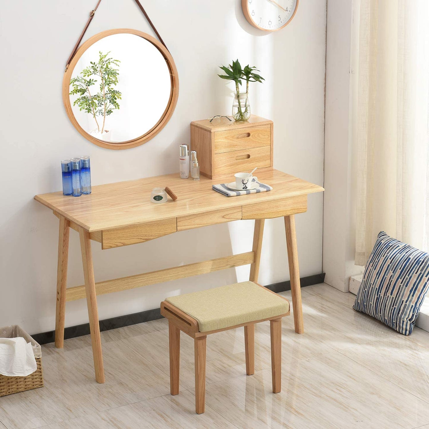 Hanging Round Wall Mirror 38 cm - Solid Bamboo Frame and Adjustable Leather Strap for Bathroom and Bedroom - ShopFrenzy