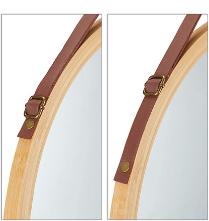 Hanging Round Wall Mirror 38 cm - Solid Bamboo Frame and Adjustable Leather Strap for Bathroom and Bedroom - ShopFrenzy
