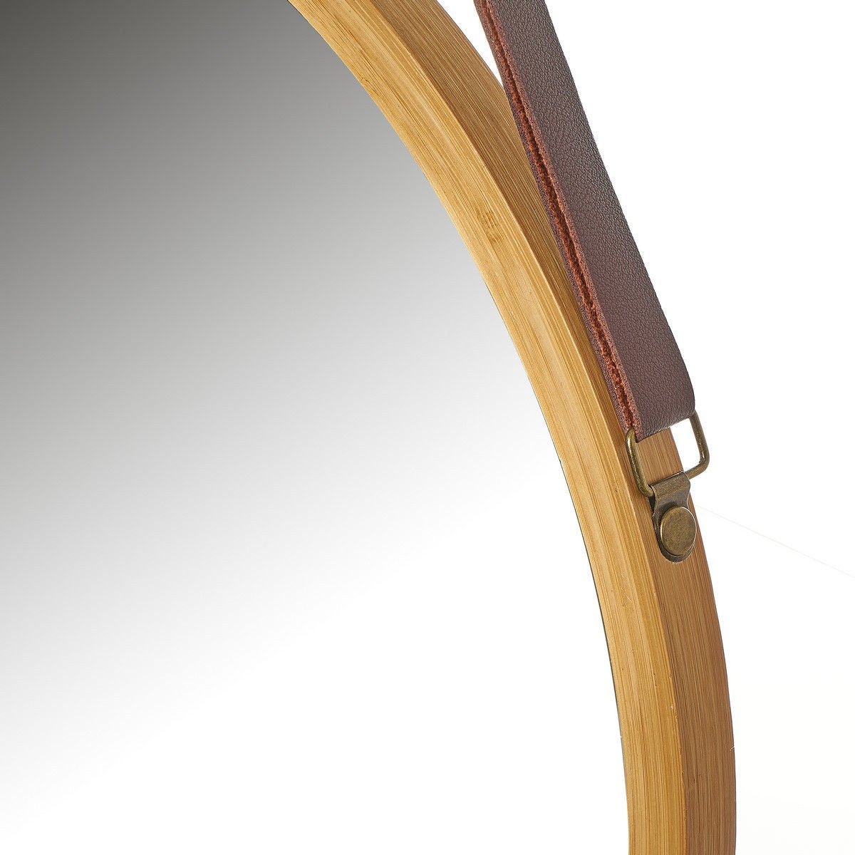 Hanging Round Wall Mirror 38 cm - Solid Bamboo Frame and Adjustable Leather Strap for Bathroom and Bedroom - ShopFrenzy