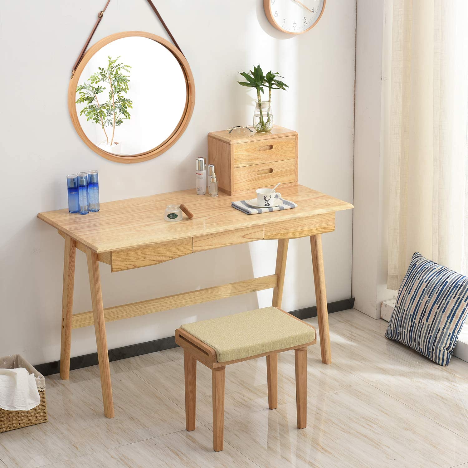 Hanging Round Wall Mirror 45 cm - Solid Bamboo Frame and Adjustable Leather Strap for Bathroom and Bedroom - ShopFrenzy