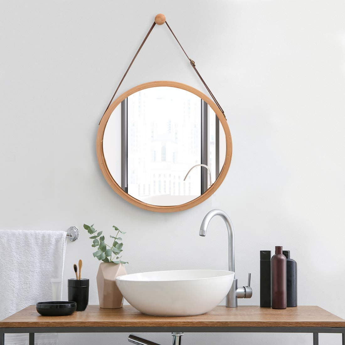 Hanging Round Wall Mirror 45 cm - Solid Bamboo Frame and Adjustable Leather Strap for Bathroom and Bedroom - ShopFrenzy