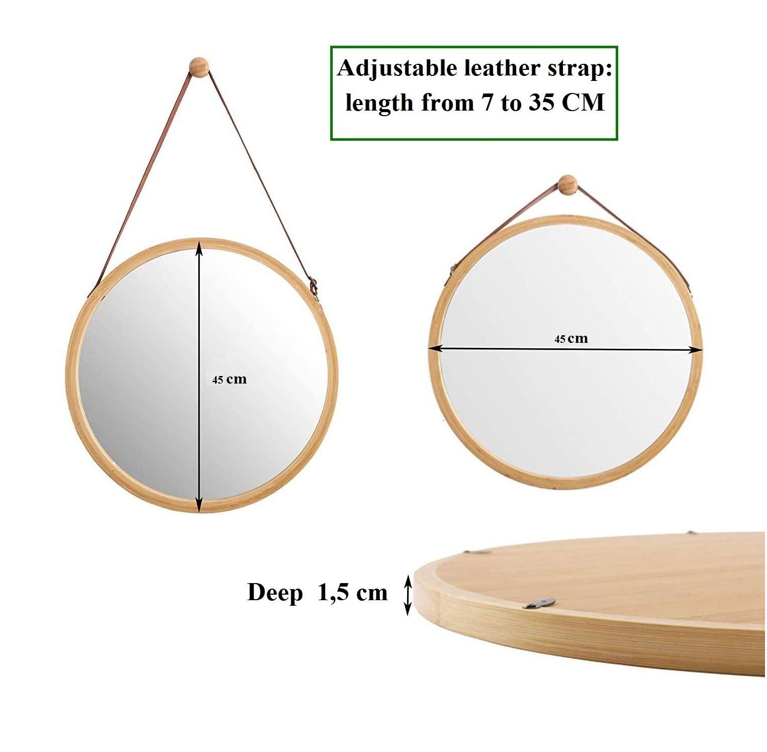 Hanging Round Wall Mirror 45 cm - Solid Bamboo Frame and Adjustable Leather Strap for Bathroom and Bedroom - ShopFrenzy