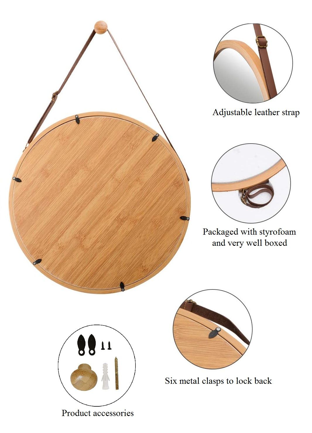 Hanging Round Wall Mirror 45 cm - Solid Bamboo Frame and Adjustable Leather Strap for Bathroom and Bedroom - ShopFrenzy