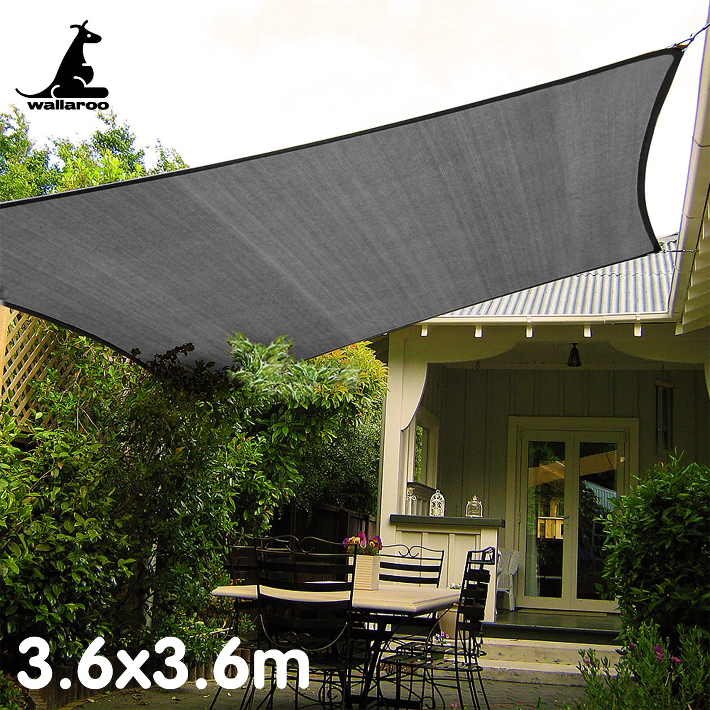 Wallaroo Outdoor Sun Shade Sail Canopy Grey Square 3.6 x 3.6M - ShopFrenzy