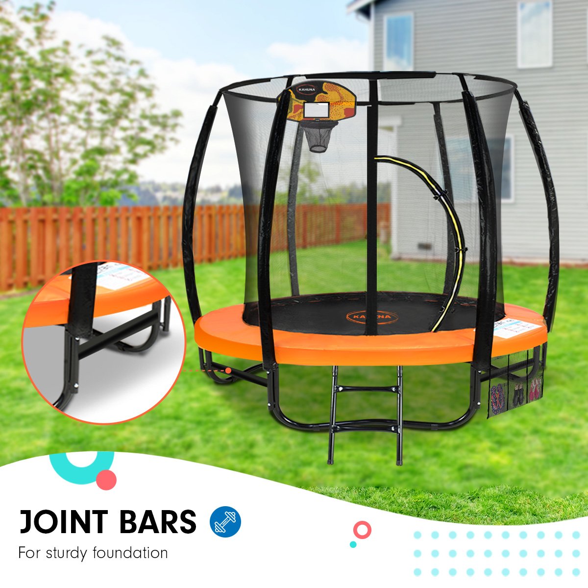 Kahuna 8ft Outdoor Orange Trampoline For Kids And Children Suited For Fitness Exercise Gymnastics With Safety Enclosure Basketball Hoop Set - ShopFrenzy