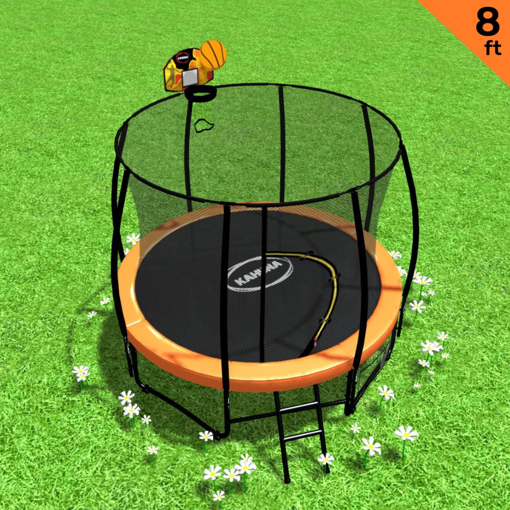 Kahuna 8ft Outdoor Orange Trampoline For Kids And Children Suited For Fitness Exercise Gymnastics With Safety Enclosure Basketball Hoop Set - ShopFrenzy
