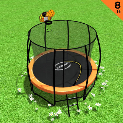 Kahuna 8ft Outdoor Orange Trampoline For Kids And Children Suited For Fitness Exercise Gymnastics With Safety Enclosure Basketball Hoop Set - ShopFrenzy