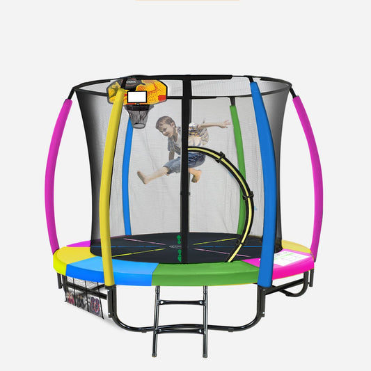 Kahuna 8ft Outdoor Trampoline Kids Children With Safety Enclosure Mat Pad Net Ladder Basketball Hoop Set - Rainbow - ShopFrenzy