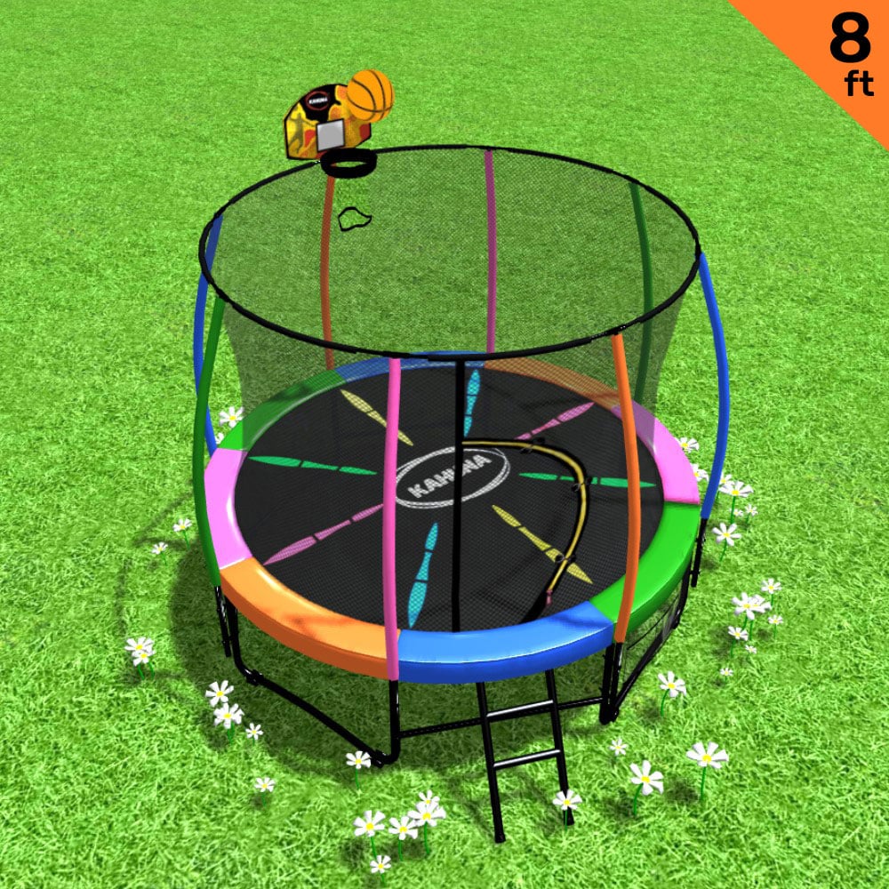 Kahuna 8ft Outdoor Trampoline Kids Children With Safety Enclosure Mat Pad Net Ladder Basketball Hoop Set - Rainbow - ShopFrenzy