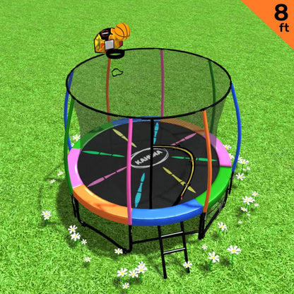 Kahuna 8ft Outdoor Trampoline Kids Children With Safety Enclosure Mat Pad Net Ladder Basketball Hoop Set - Rainbow - ShopFrenzy