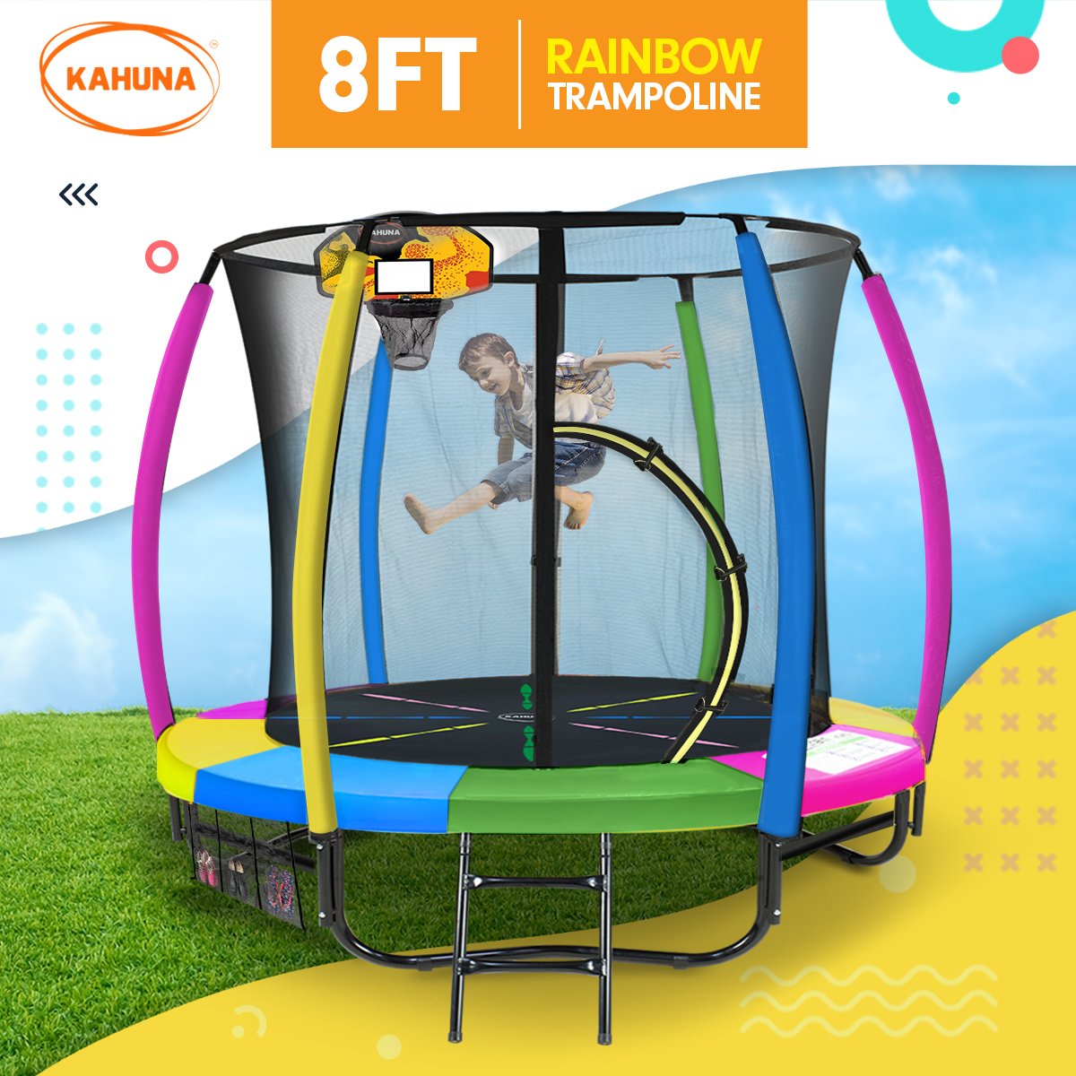 Kahuna 8ft Outdoor Trampoline Kids Children With Safety Enclosure Mat Pad Net Ladder Basketball Hoop Set - Rainbow - ShopFrenzy