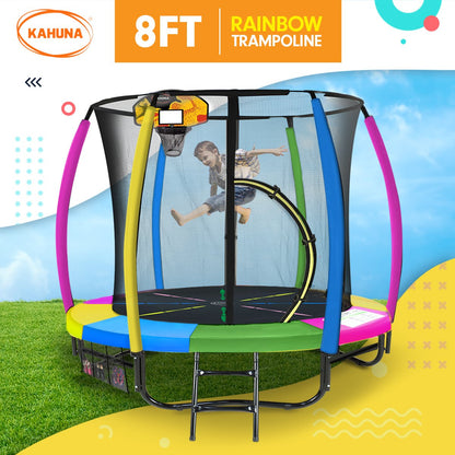 Kahuna 8ft Outdoor Trampoline Kids Children With Safety Enclosure Mat Pad Net Ladder Basketball Hoop Set - Rainbow - ShopFrenzy