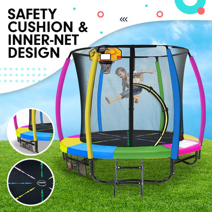 Kahuna 8ft Outdoor Trampoline Kids Children With Safety Enclosure Mat Pad Net Ladder Basketball Hoop Set - Rainbow - ShopFrenzy