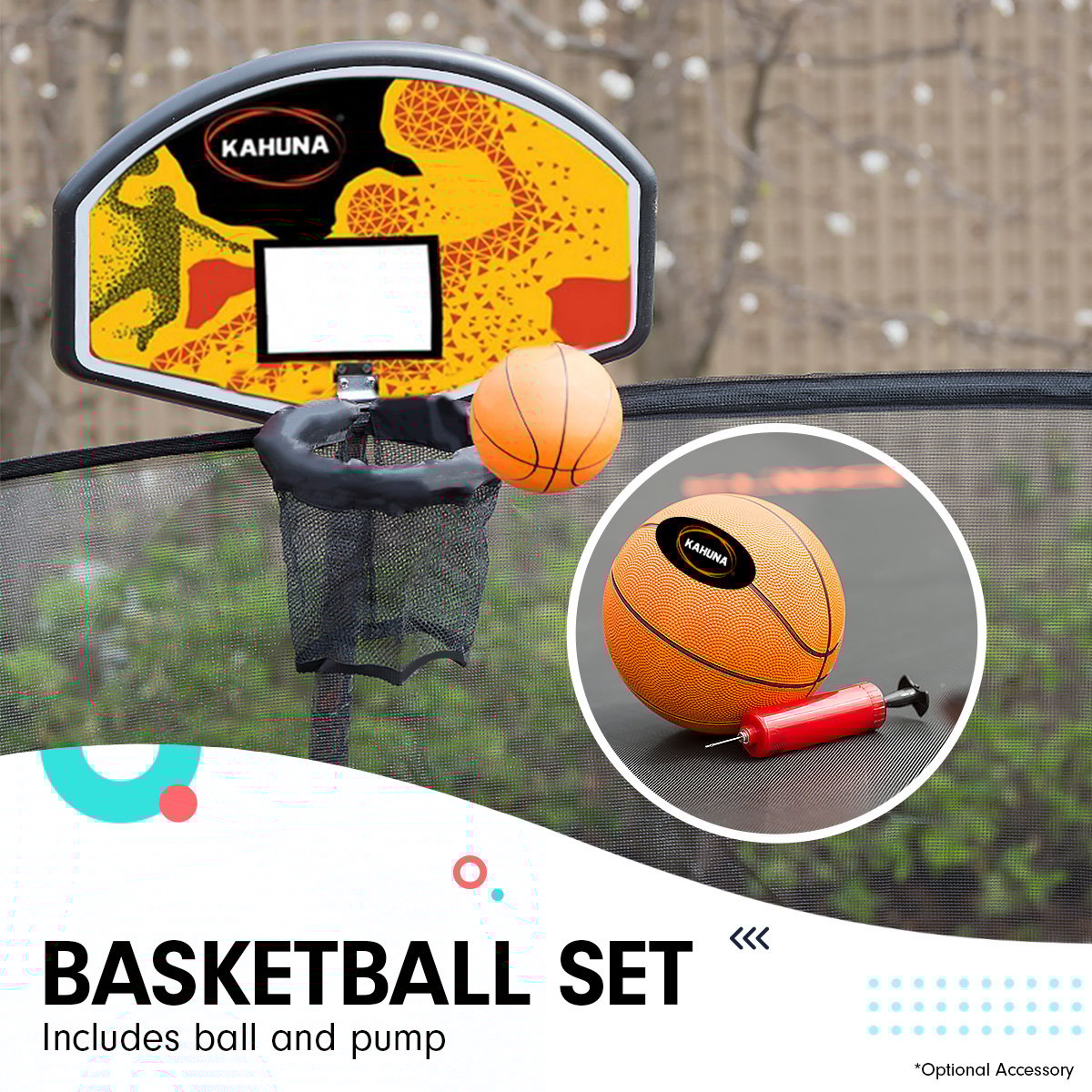Kahuna 8ft Outdoor Trampoline Kids Children With Safety Enclosure Mat Pad Net Ladder Basketball Hoop Set - Rainbow - ShopFrenzy